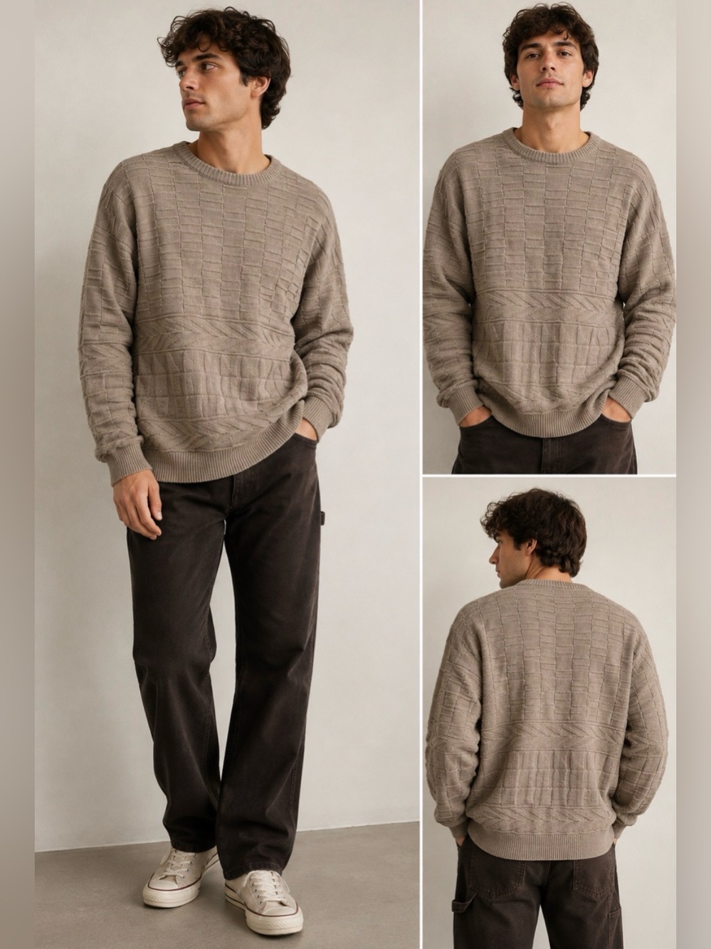 Vintage Sedgewick Beige Textured Knit Sweater Men’s M 90s Minimalist crewneck